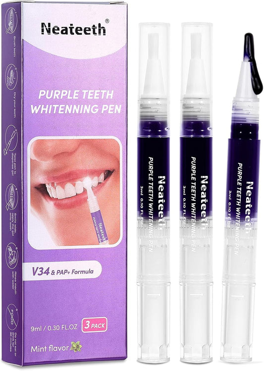 Teeth Whitening Gels Pen, Purple Teeth Whitening Pens, Instant Teeth Whitening Paint Pens, Color Correcting for Tooth Stain Removal 3 Packs